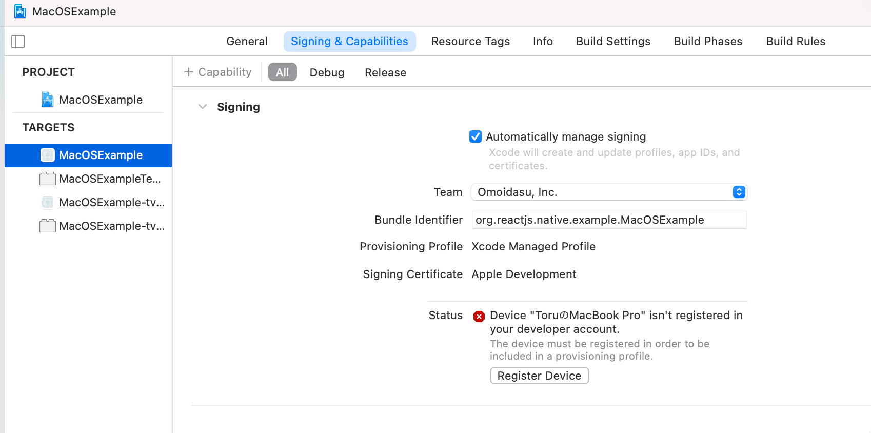XCodeのSigning設定